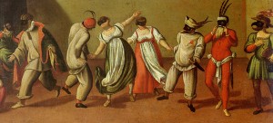 Maschere della Commedia dell'Arte in un dipinto di scuola veneta del XVI Secolo